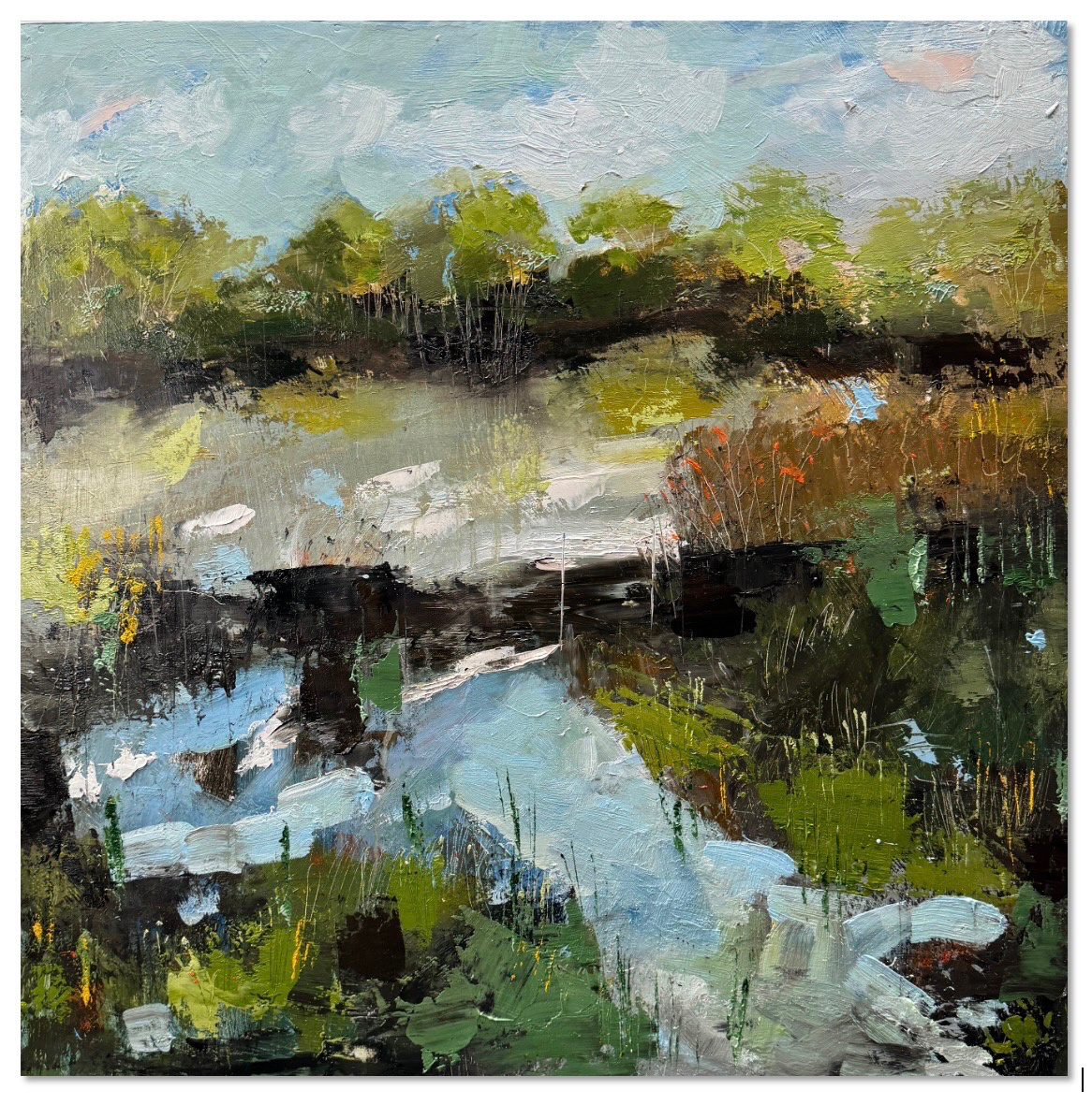 Spring Beaver Dam, Chattahoochee River Creek. 24" x 24", oil on cradled wood panel.