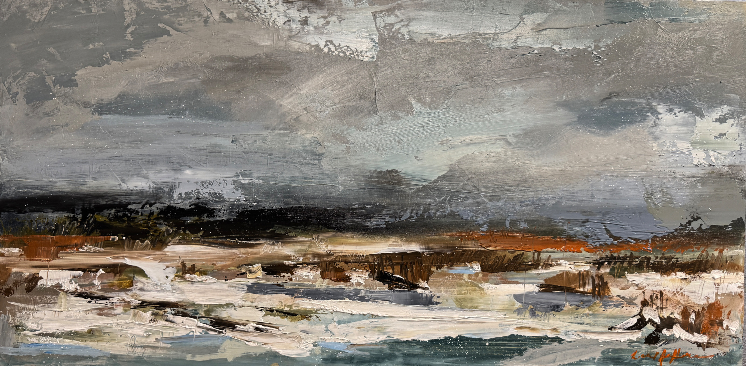 "Snow On Winter Marsh" 12" x 24", oil on cradled wood panel. (sold)