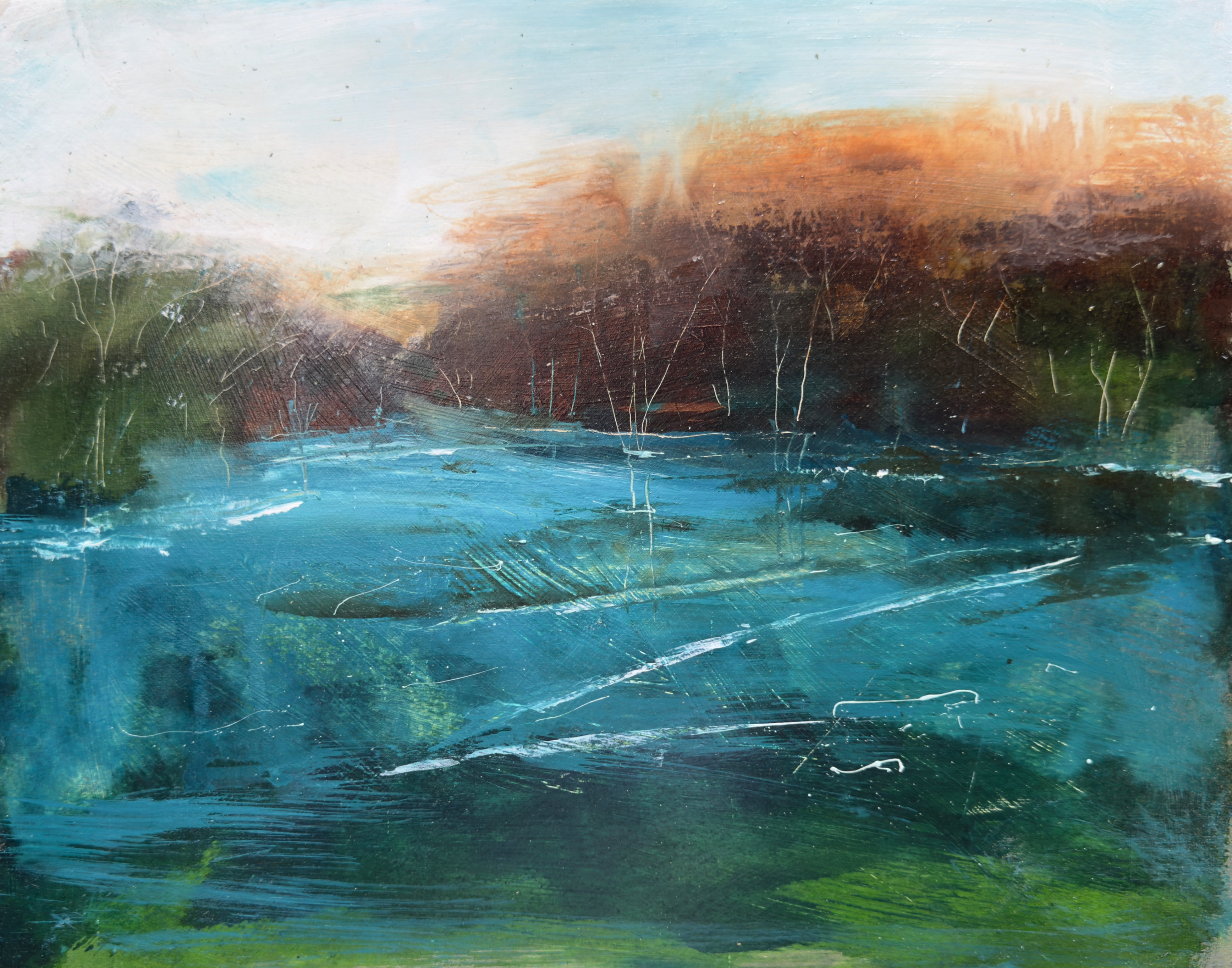 The Rivers' Blue-green Shift in the Sun's Soft Mist. 11" x 14", ink on cradled wood panel.