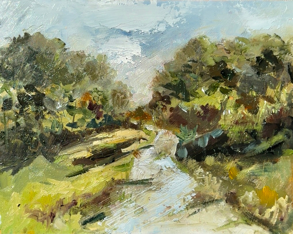 Walking Trail, Cochran Shoals, Trail, Chattahoochee River, Atlanta, Georgia. 8" x 10", oil wood panel. Sold.