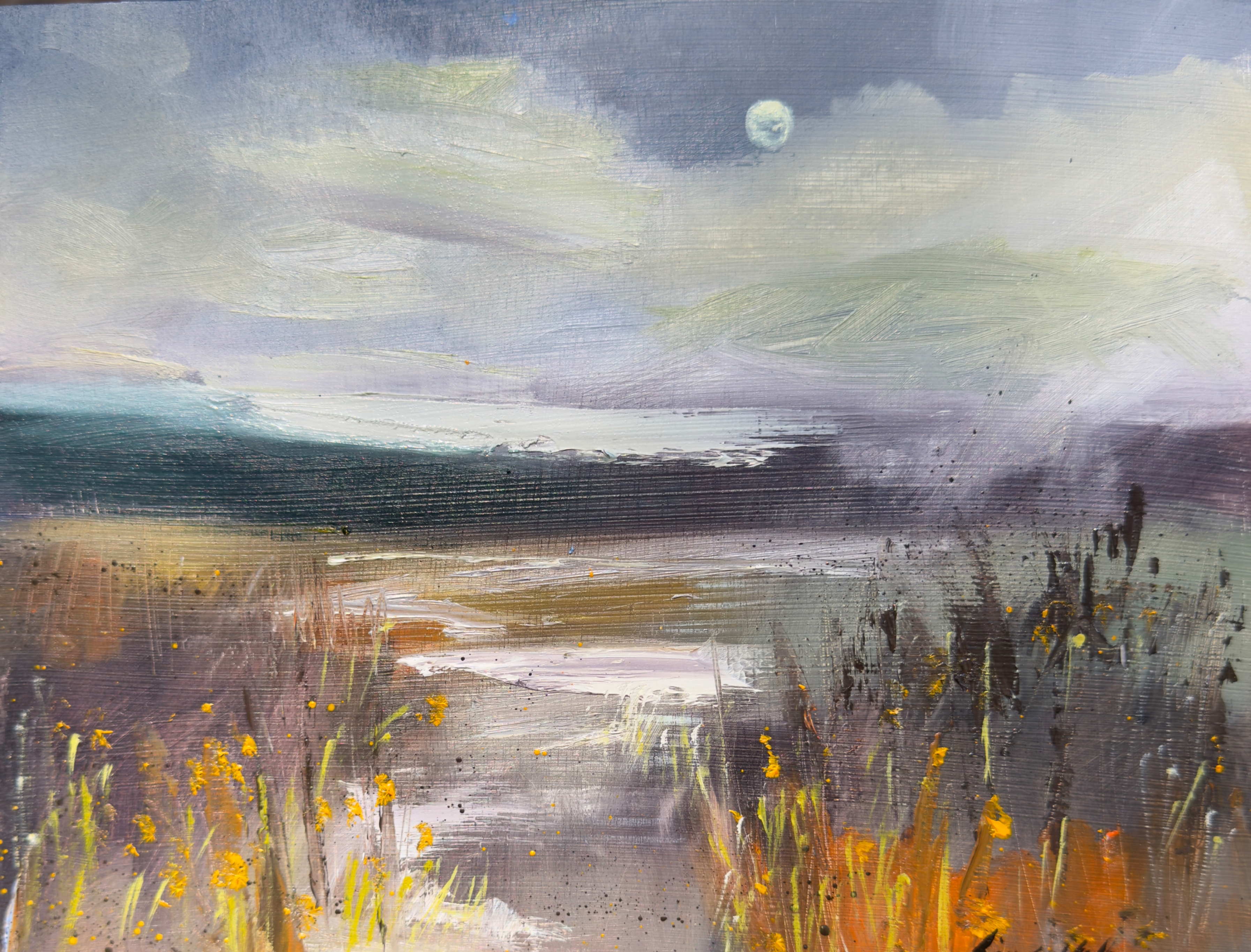 The Cat Tailed Marsh in Moonlight. 8" x 10", oil on wood panel. Available.