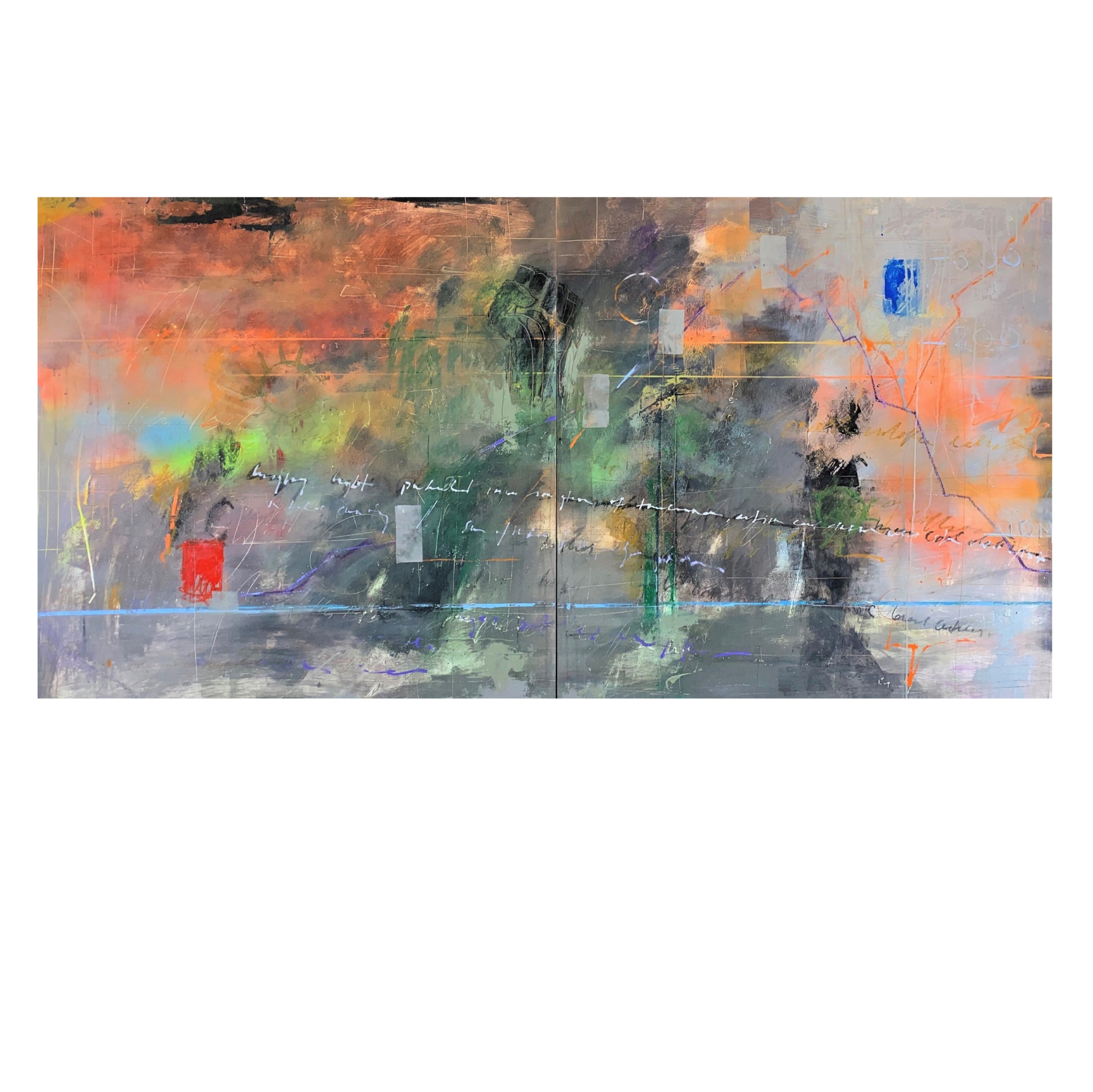 "The Scullery of Humanity" is a 48x96-inch oil-and-mixed-media diptych on a three-inch-deep panel. Cre cradled wood paated during the pandemic, it is a meditation on all that happened during that period.