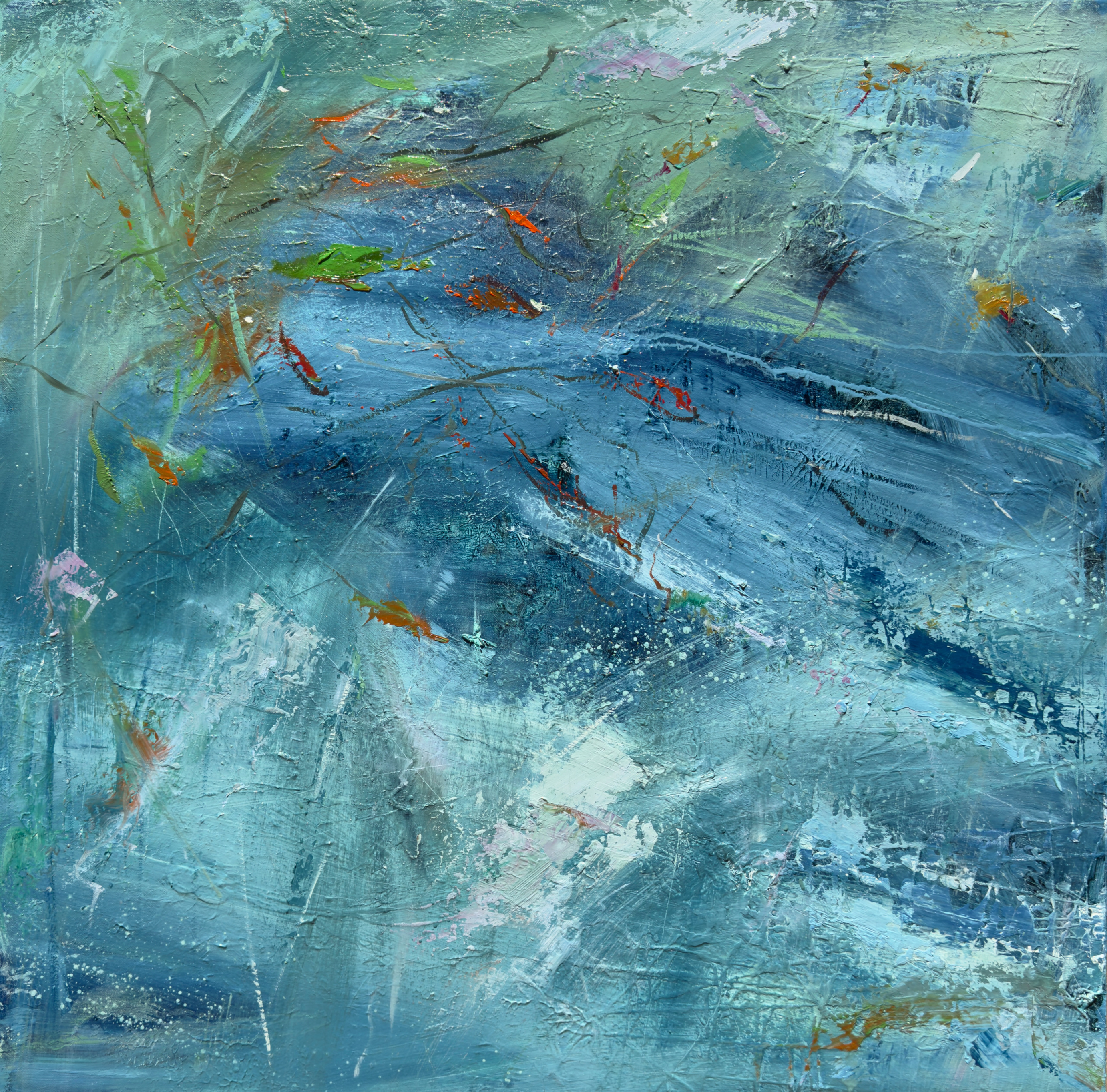 In The Shallows' Edge, II. 36" x36" oil on canvas. A meditation on light, shadows, and movement at the river's edge.