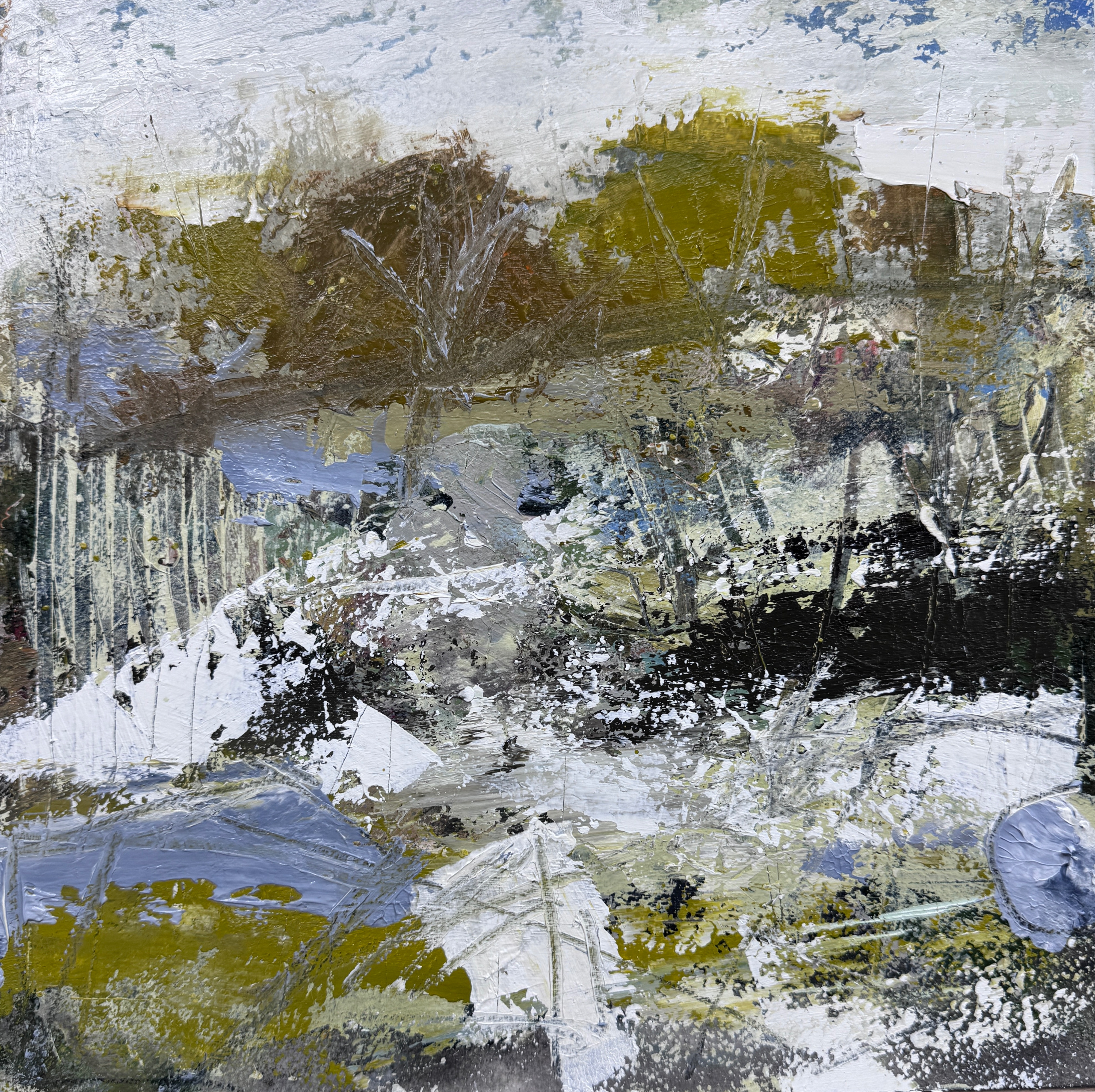 Riverscape study. Snowfall. 12x12 inches, oil on Arches paper.