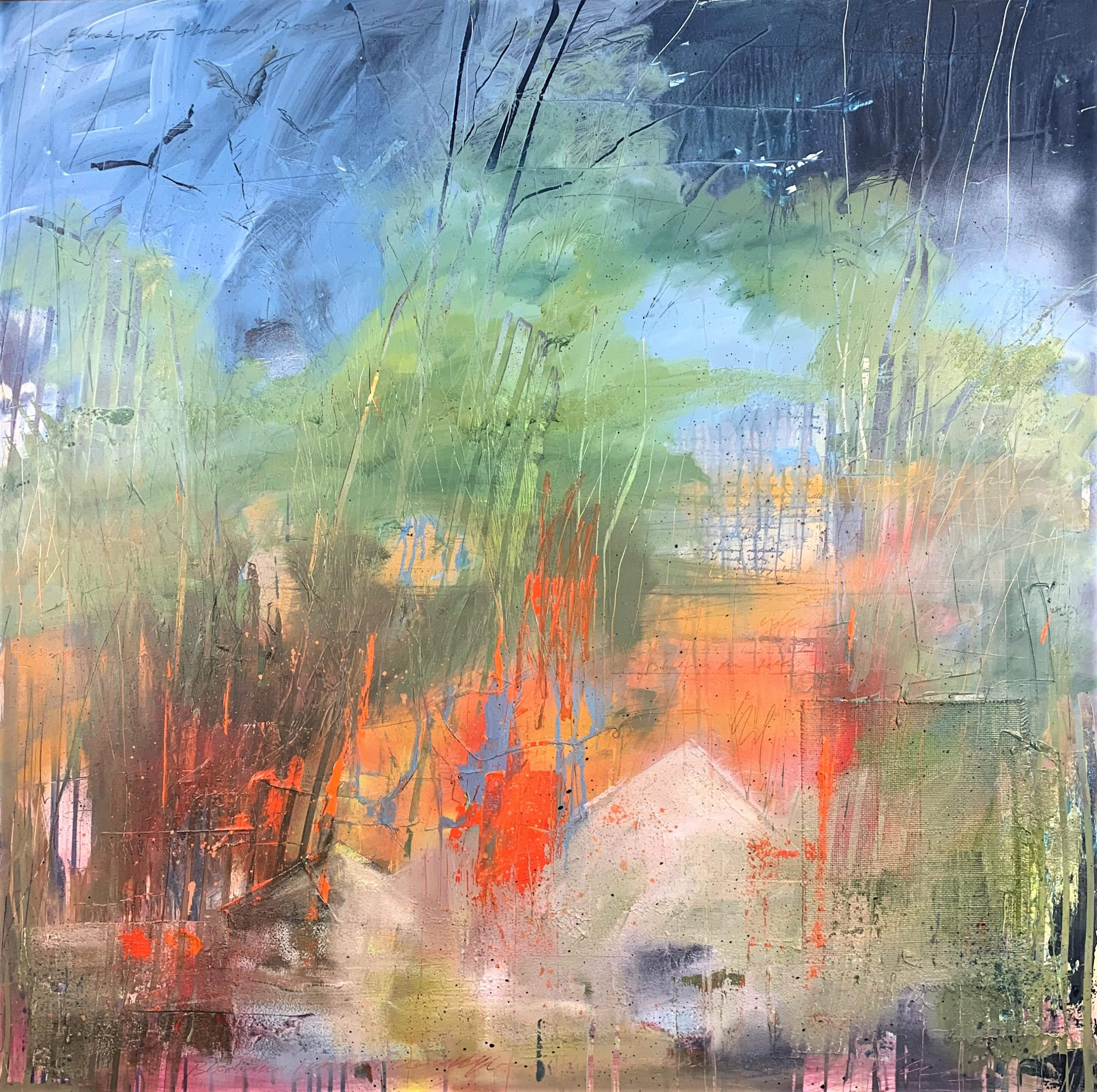 "Rooks Murmured III" 42"x42" oil over mixed media on cradled wood panel.