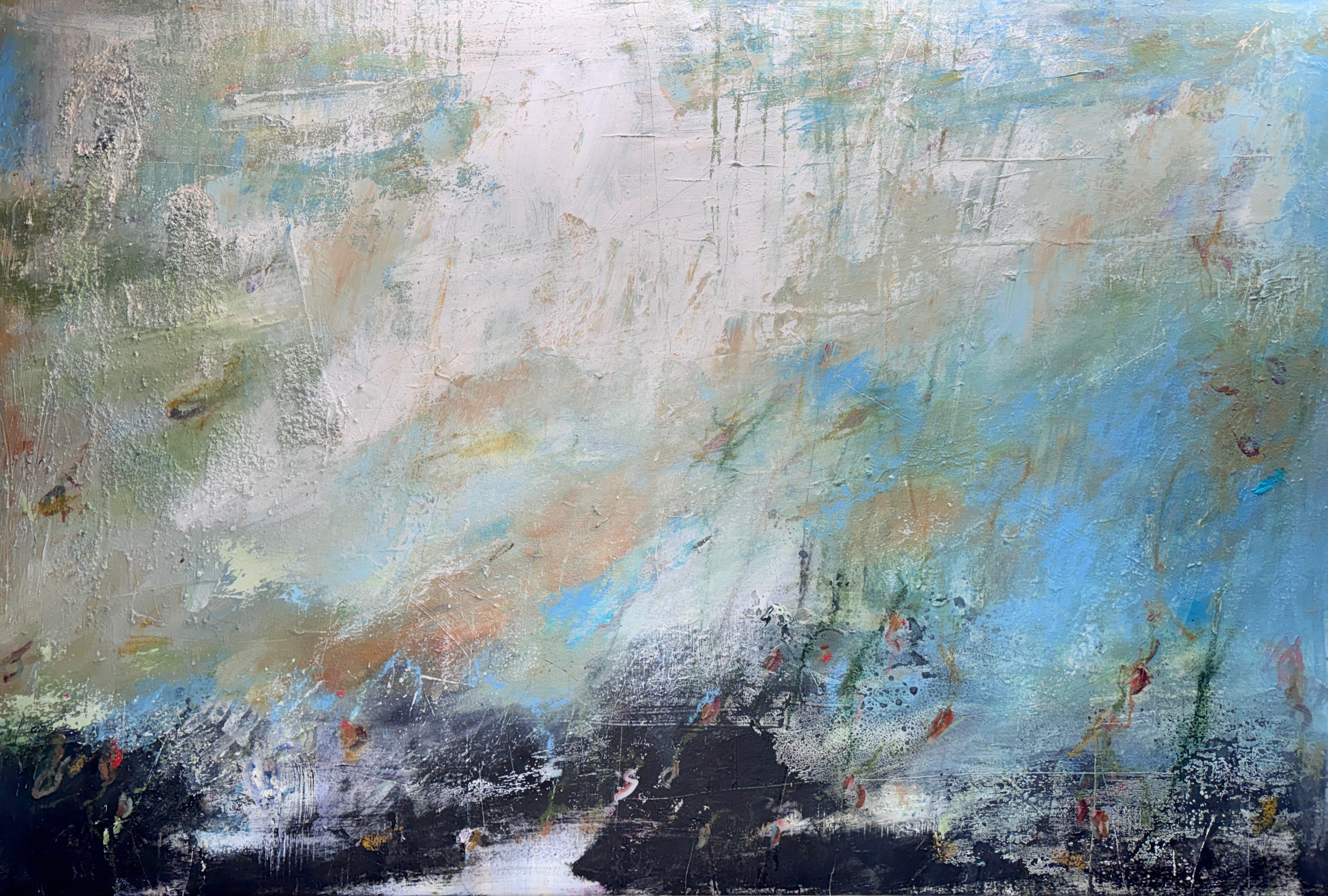 "In The Shallow's Edge". Exploring light and reflection in the shallows along the river. 36"x72", acrylic, oil bar, archival adhesive, linen, oil paint, on heavyweight canvas.