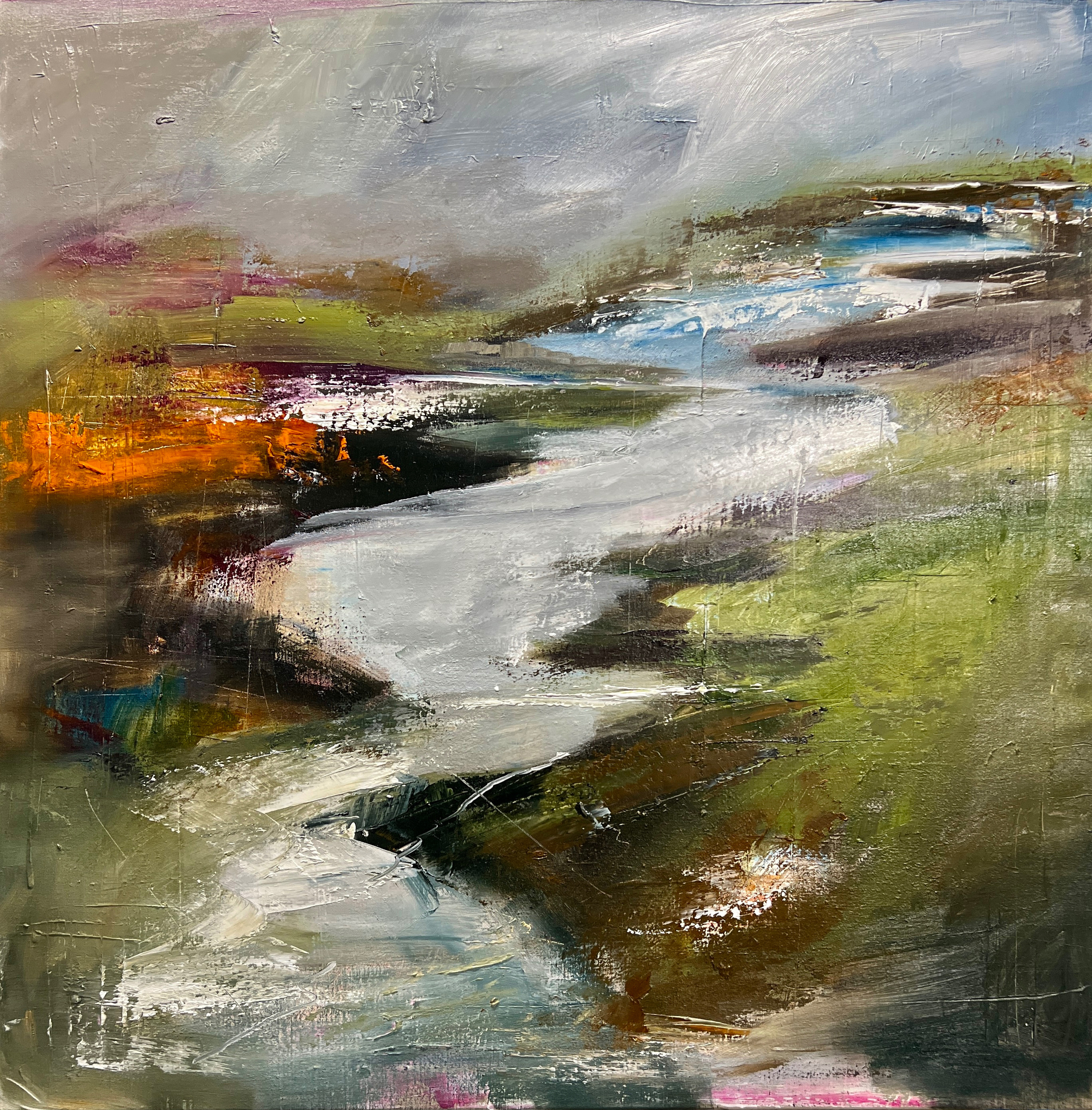 The Unfolding Riverbend. 40" x 40", oil on Belgium linen.