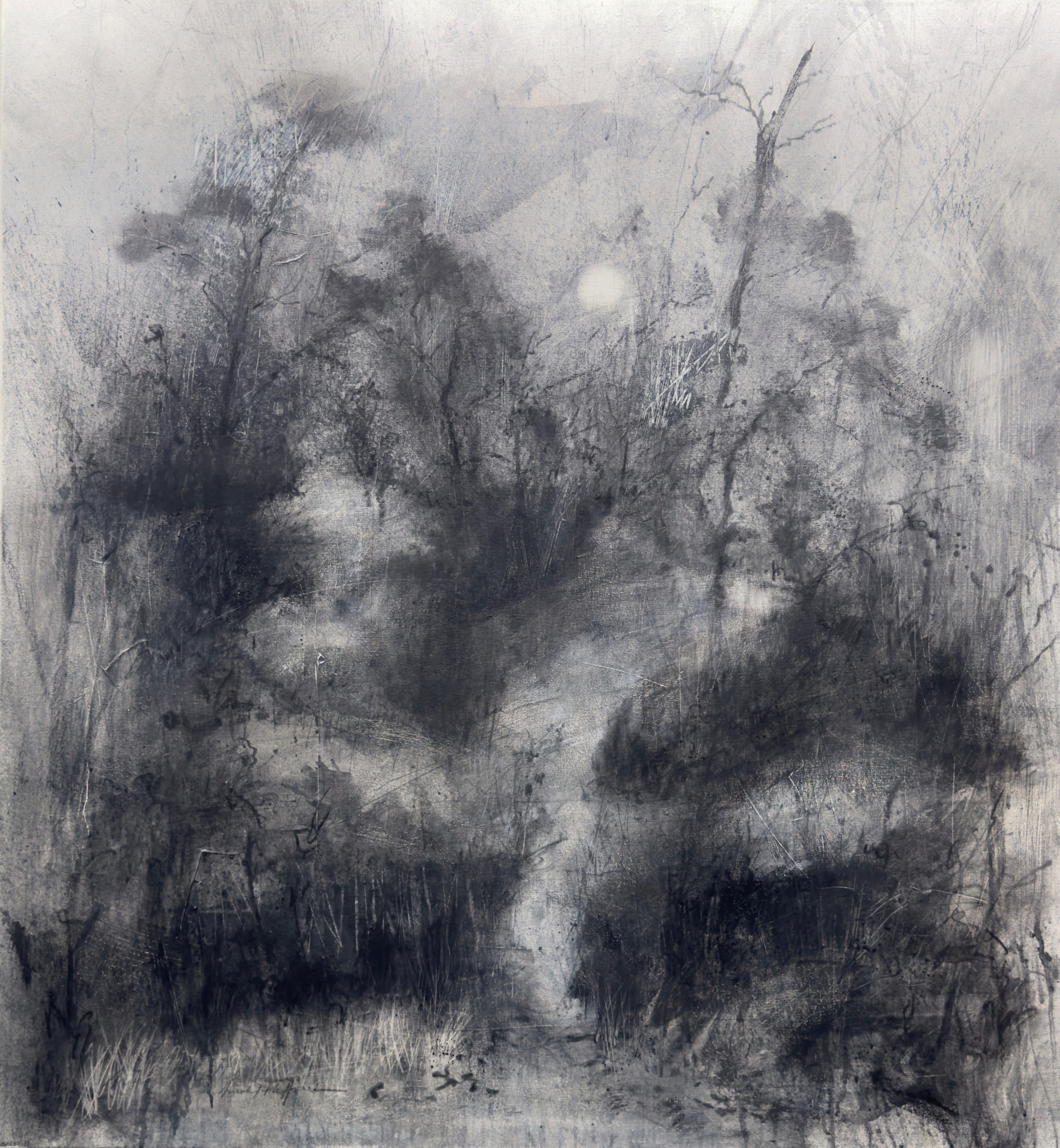 "Dark Waters Under The Cloud Stained Marsh." 54" x 50", willow charcoal on stretched canvas. Part of "The River Speaks" series.