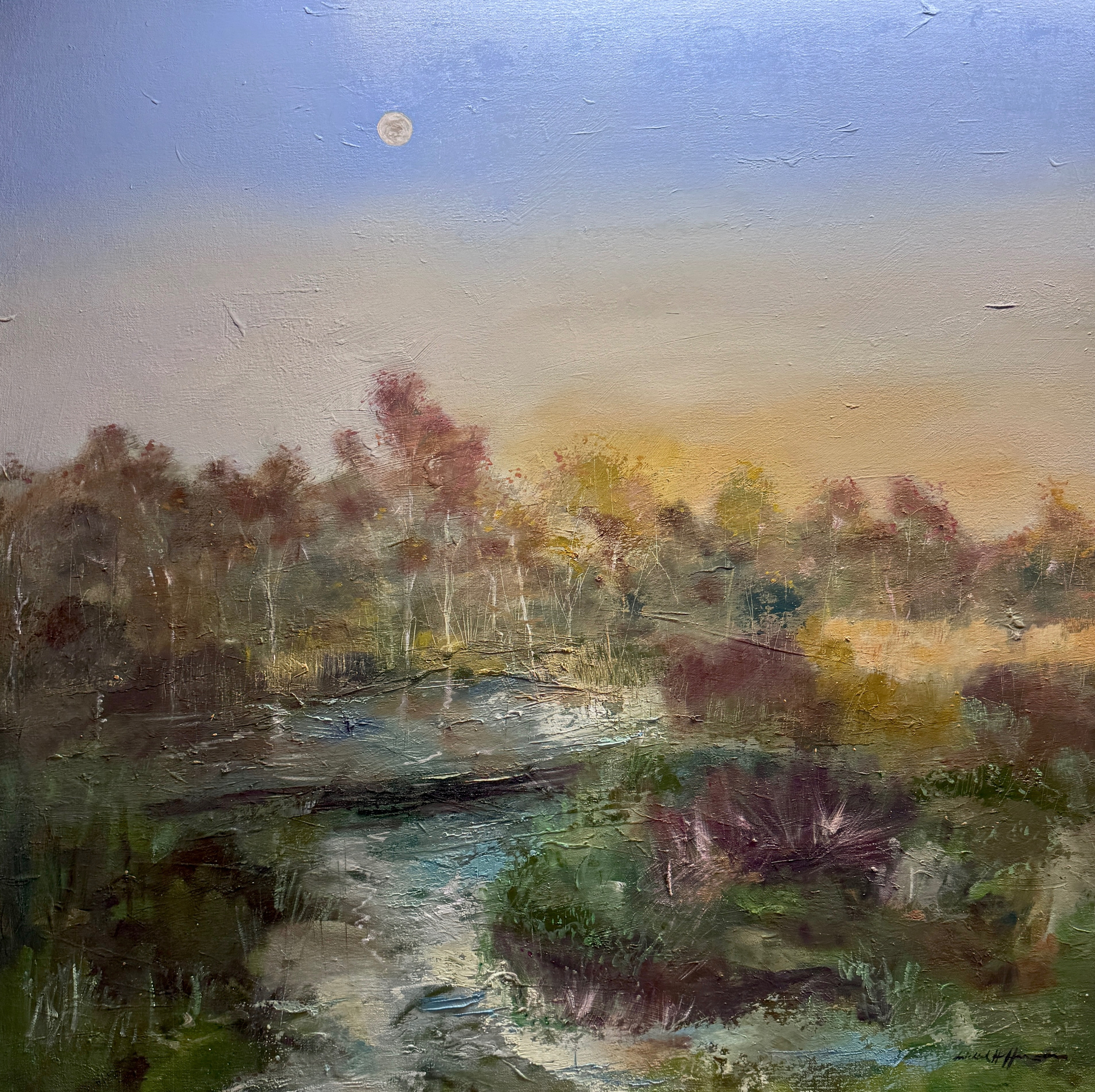 Winter Sunrise. 36x36 inches, oil on canvas. The time of day when the moon gives way to a new sunrise.