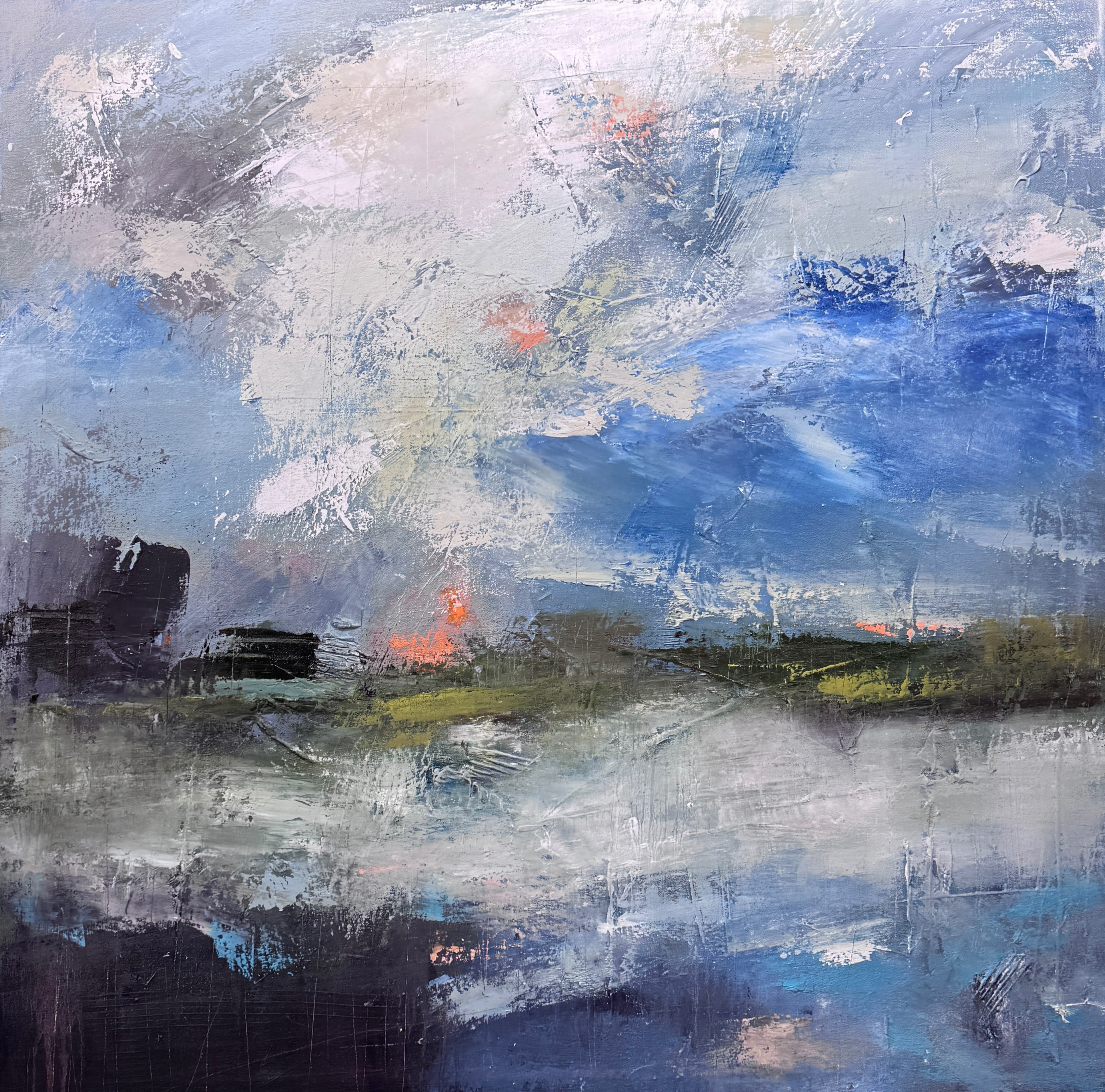 Sky and Water, Sky and Earth as One. 40x40, oil and cold wax on canvas.