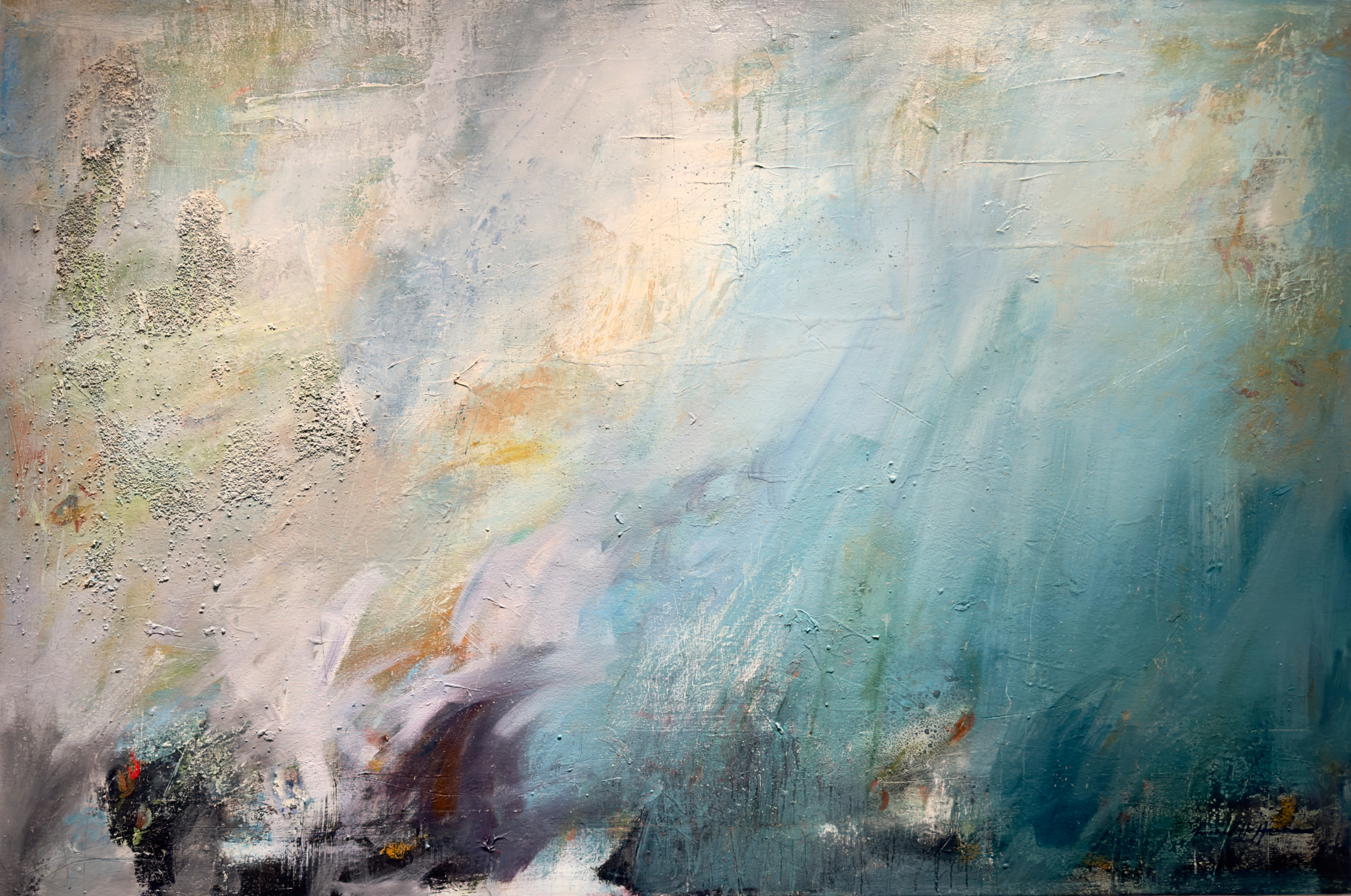 In The Shallows' Edge. 48" x 72", oil and mixed media on canvas.