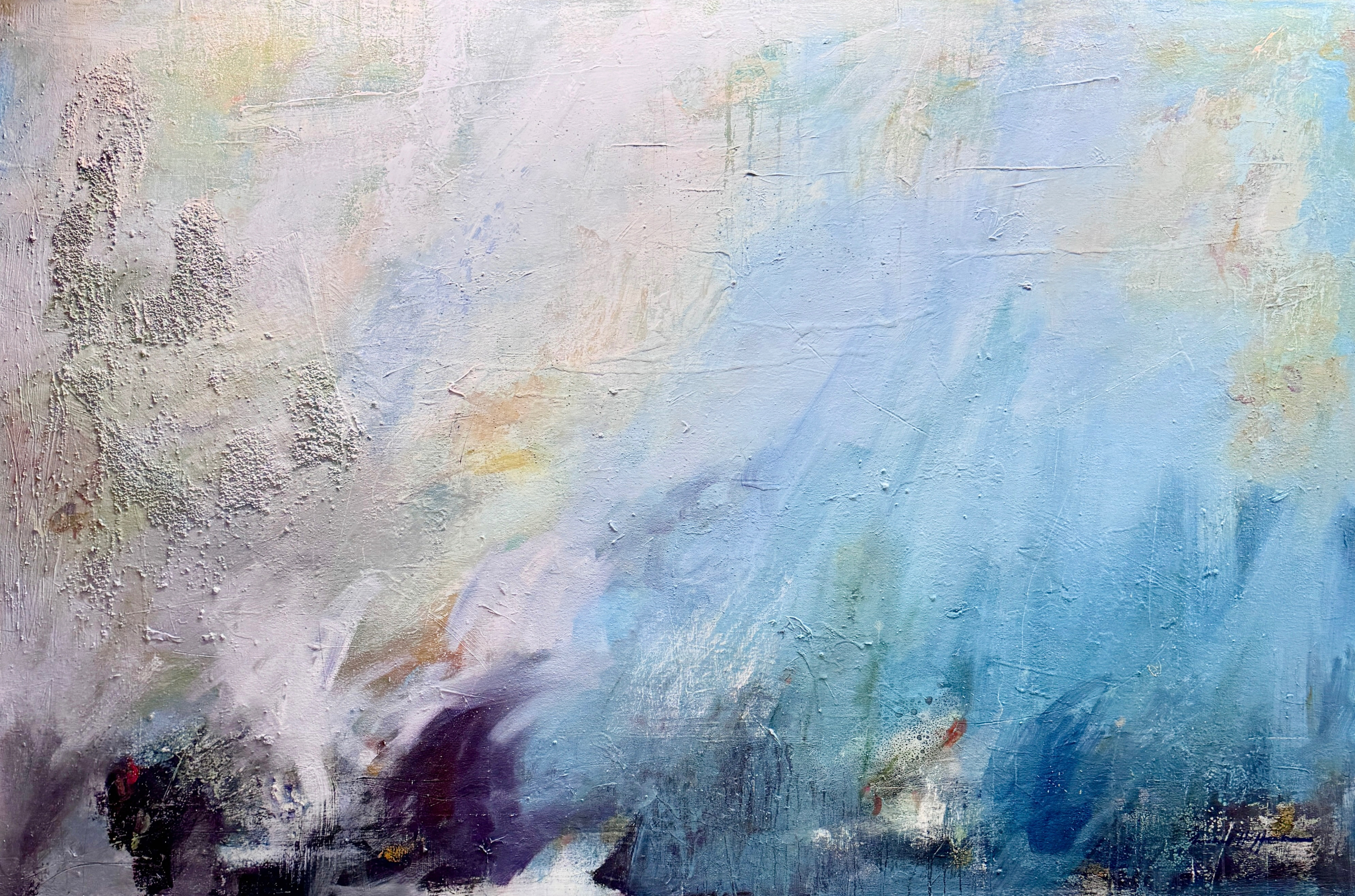 "In The Shallows' Edge". Exploring light, reflection, and surface in the shallows along the river. 48" x 72", acrylic, oil bar,